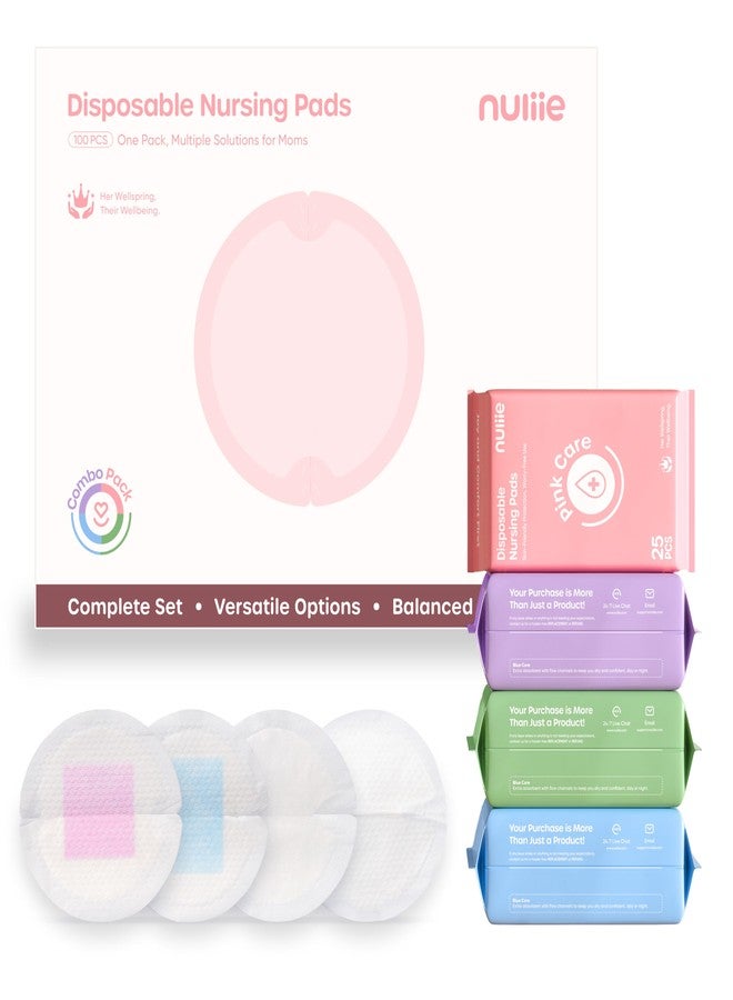 Nuliie Disposable Nursing Pads 4-in-1 Variety Pack, 100 Count Mixed Breast Pads for Leaking Milk, Air-Fit Daily, Bamboo Breathable, Blue Core High-Absorbency, Pink Core Skin-Friendly, Find Your Match - Image 1
